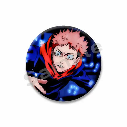 Circular yuji itadori enamel pin with spiky pink hair red scarf dark blue cloak on glowing blue background
