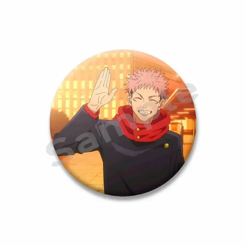 Circular yuji itadori enamel pin featuring spiky pink hair character in black jacket and red scarf with cityscape background