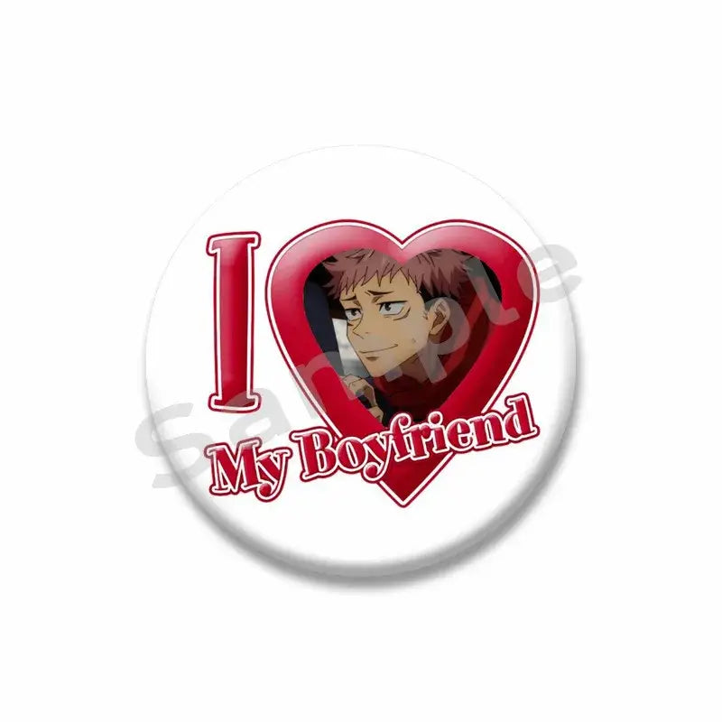 White circular tinplate yuji itadori enamel pin with red heart and i love my boyfriend text brooch