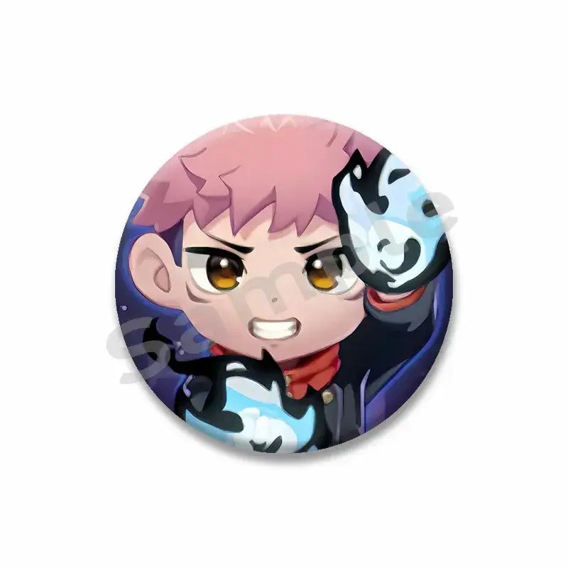 Circular yuji itadori enamel pin featuring chibi anime character with pink hair holding blue and black mask and red scarf
