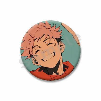 Circular tinplate snap-in brooch featuring yuji itadori enamel pin with spiky orange hair and red jacket on teal background