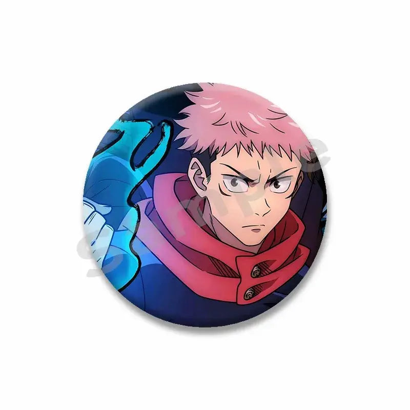 Circular yuji itadori enamel pin featuring spiky pink hair anime character with red scarf on dark tinplate brooch
