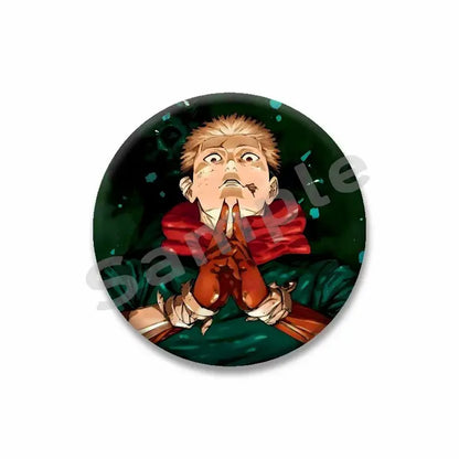 Circular yuji itadori enamel pin featuring spiky blonde hair anime character in prayer pose with red scarf on dark green background