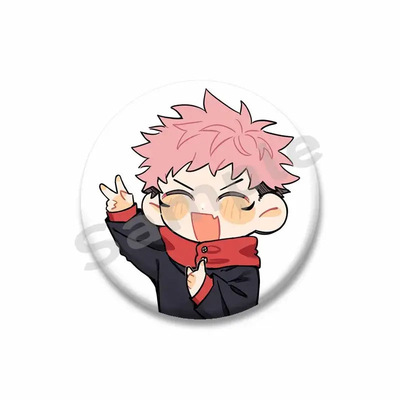 Round white tinplate snap-in brooch featuring chibi yuji itadori enamel pin with spiky pink hair and red scarf