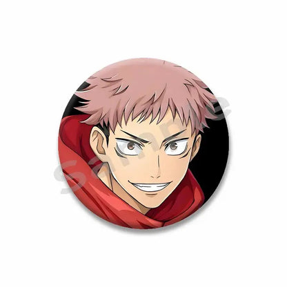 Circular yuji itadori enamel pin with pink hair and red scarf made of tinplate snap-in brooch from jujutsu kaisen