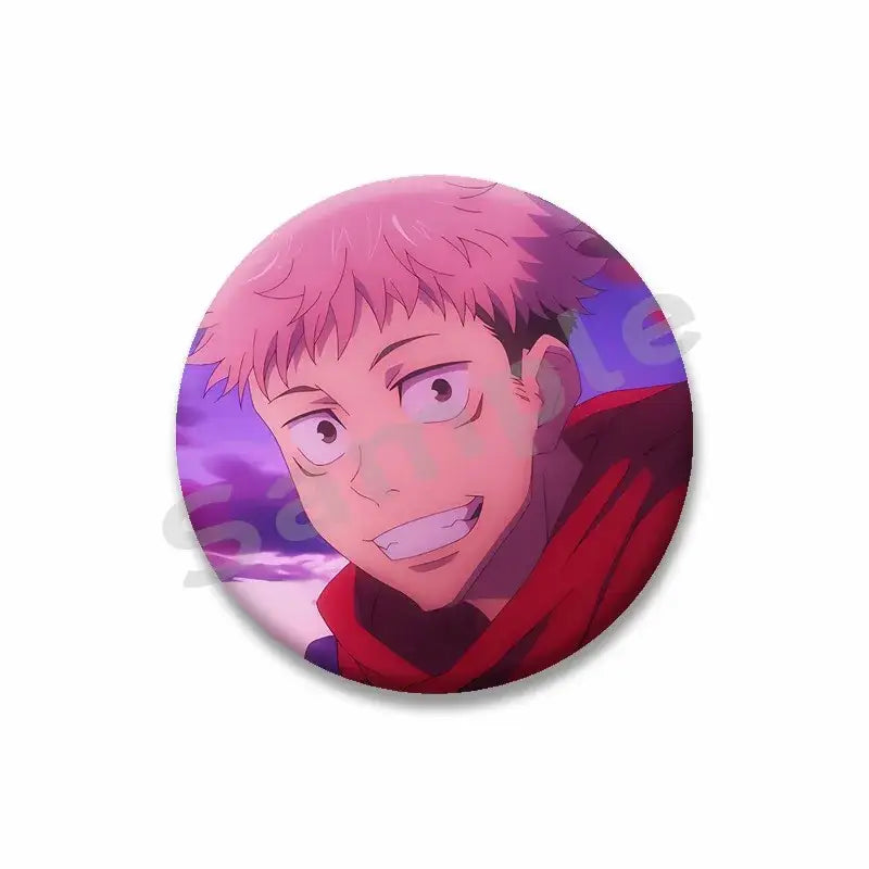 Circular yuji itadori enamel pin featuring spiky pink hair character in red hooded garment against purple sky background