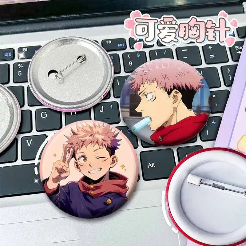 Circular tinplate snap-in brooch featuring yuji itadori enamel pins with pink hair and purple jacket making a peace sign