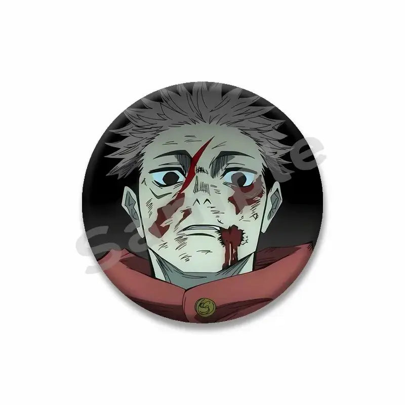 Circular yuji itadori enamel pin featuring an anime character with spiky gray hair and bloodstains on cheeks and chin