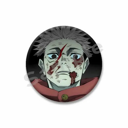 Circular yuji itadori enamel pin featuring an anime character with spiky gray hair and bloodstains on cheeks and chin