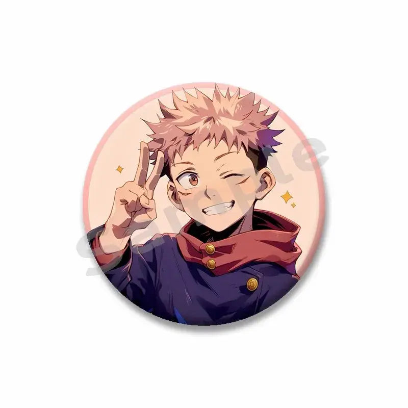 Circular yuji itadori enamel pin featuring an anime character with spiky pink and purple hair and red scarf