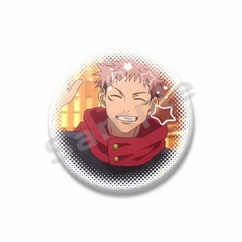 Circular tinplate snap-in brooch featuring yuji itadori enamel with spiky pink hair and red scarf on halftone background