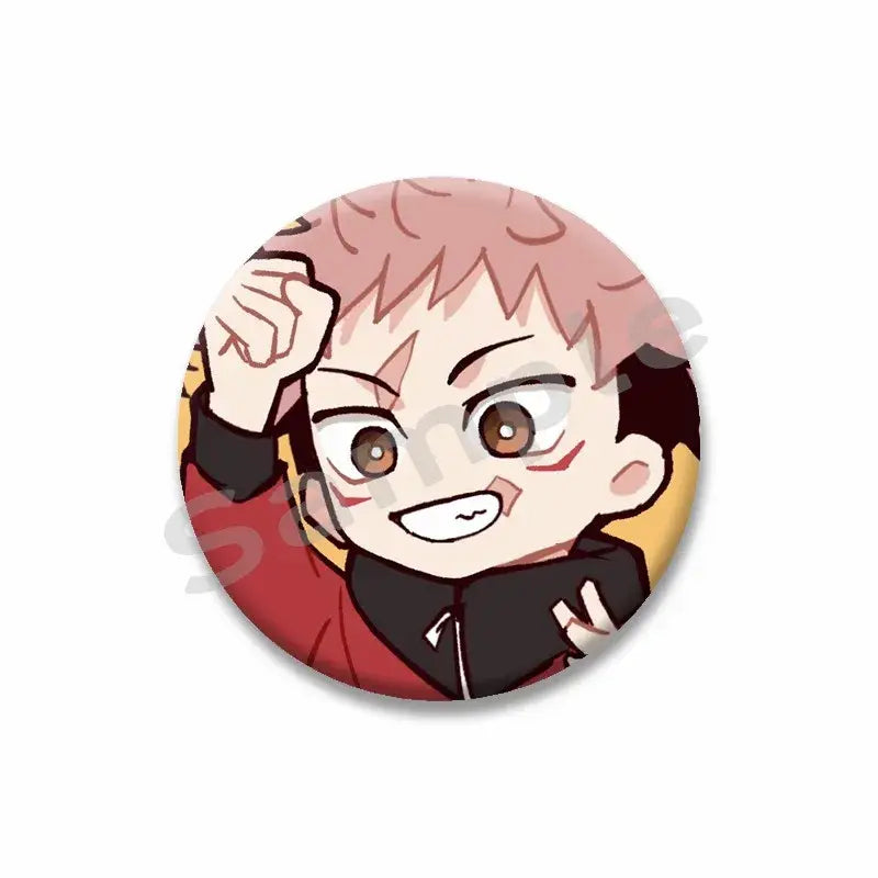 Circular yuji itadori enamel pin featuring a chibi anime character with pink hair and red face markings