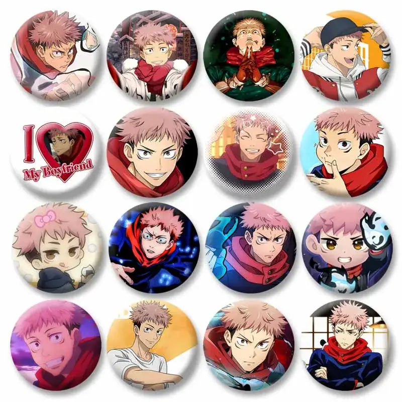 Circular yuji itadori enamel pin badges featuring vibrant colors and detailed anime expressions and outfits