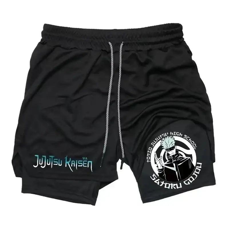 Black jujutsu kaisen sports shorts featuring quick-drying fabric with satoru gojo emblem and stylized text design