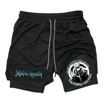 Black jujutsu kaisen sports shorts featuring quick-drying fabric with satoru gojo emblem and stylized text design
