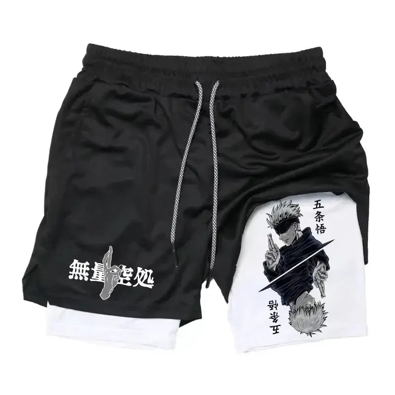 Black and white jujutsu kaisen sports shorts with megumi fushiguro graphic and japanese text quick-drying material