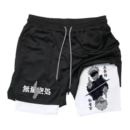 Black and white jujutsu kaisen sports shorts with megumi fushiguro graphic and japanese text quick-drying material