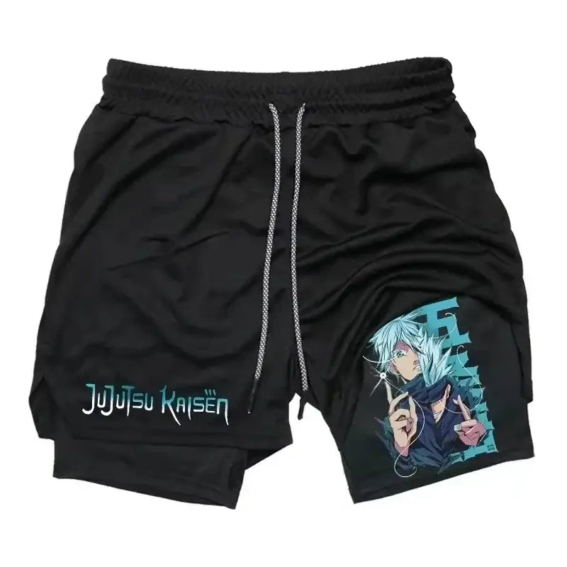 Black jujutsu kaisen sports shorts featuring vibrant yuji itadori graphic and teal lettering quick-drying material