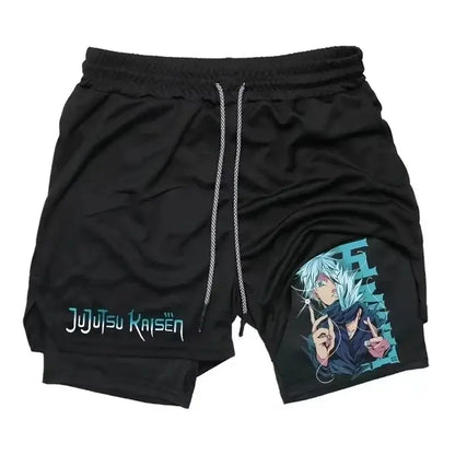 Black jujutsu kaisen sports shorts featuring vibrant yuji itadori graphic and teal lettering quick-drying material