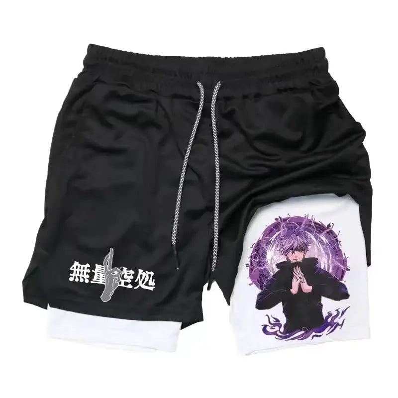 Black jujutsu kaisen quick-drying sports shorts with white inner layer and yuji itadori anime graphic and japanese text