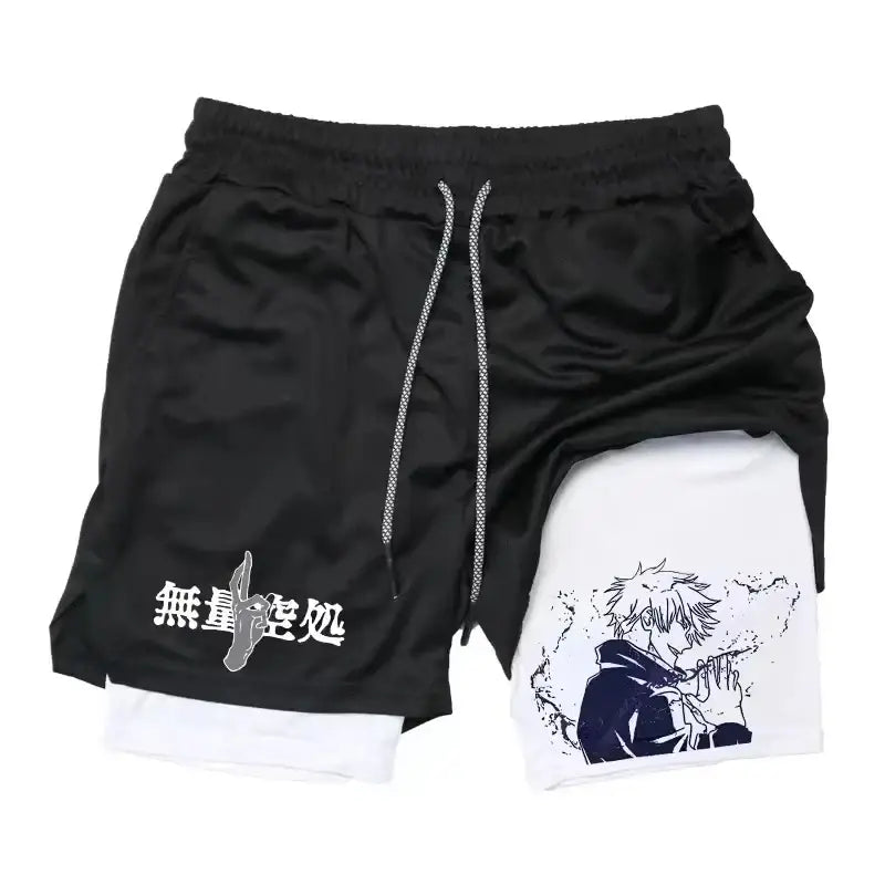 Black jujutsu kaisen sports shorts with white inner layer featuring anime graphics and japanese text for quick-drying use