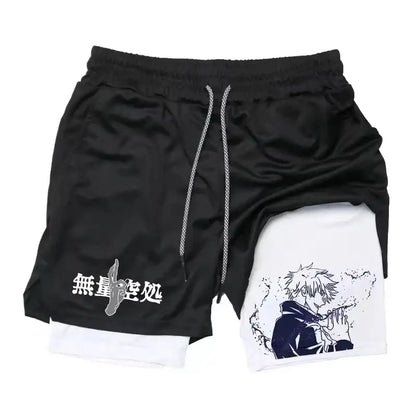 Black jujutsu kaisen sports shorts with white inner layer featuring anime graphics and japanese text for quick-drying use