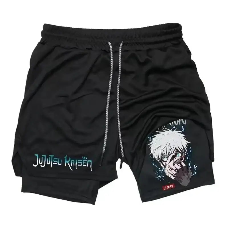 Black jujutsu kaisen sports shorts with yuji itadori graphic and teal logo designed for quick-drying running use