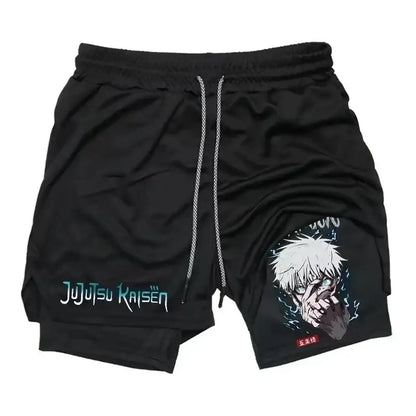 Black jujutsu kaisen sports shorts with yuji itadori graphic and teal logo designed for quick-drying running use