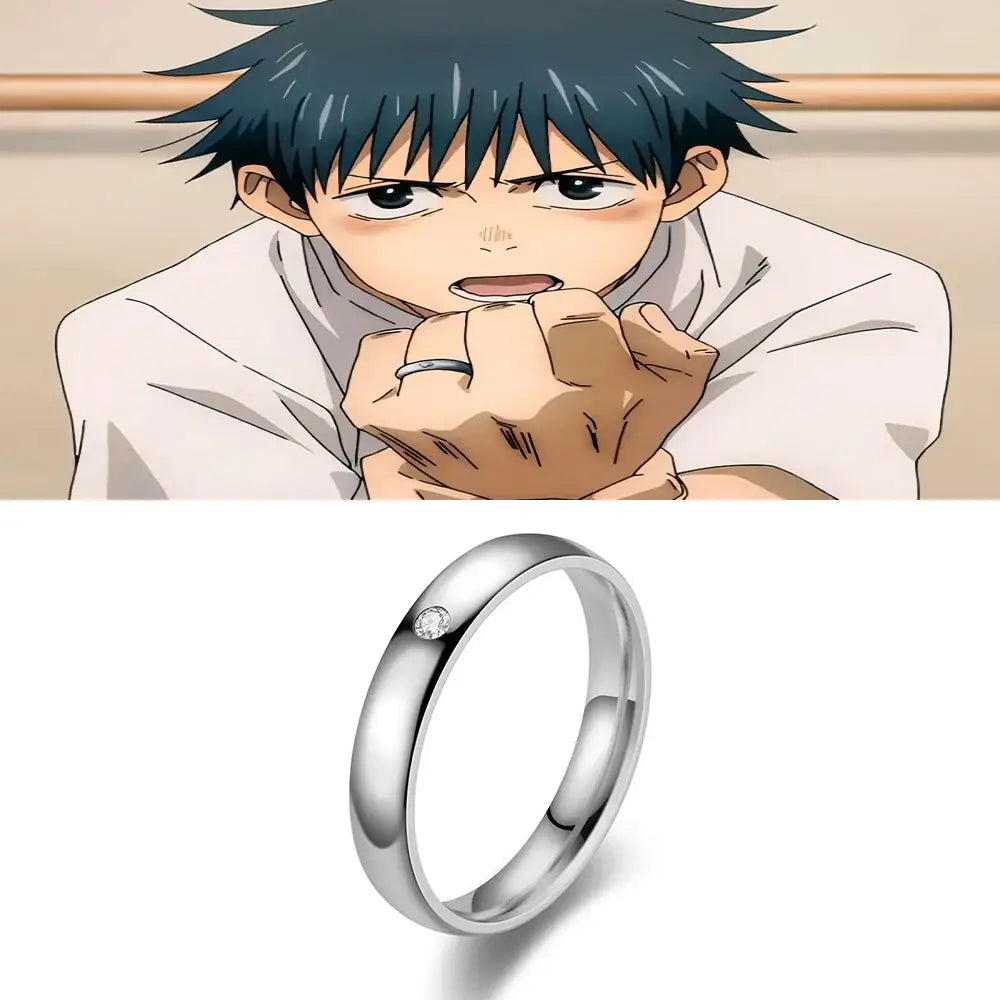 A sleek silver jujutsu kaisen yuta okkotsu cosplay wedding band with a single diamond for couple jewelry