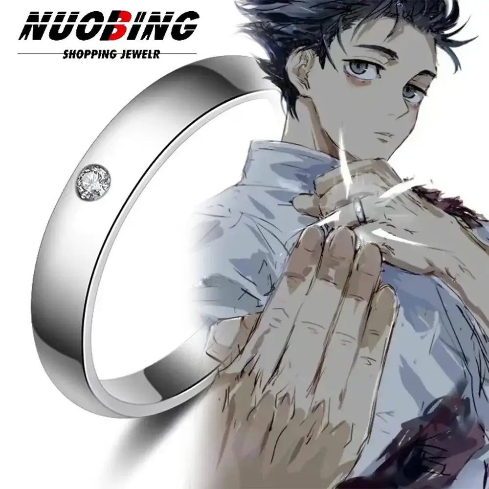 A sleek silver band jujutsu kaisen yuta okkotsu cosplay ring with a single round diamond set on its side