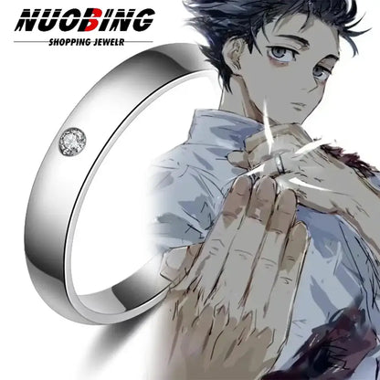 A sleek silver band jujutsu kaisen yuta okkotsu cosplay ring with a single round diamond set on its side