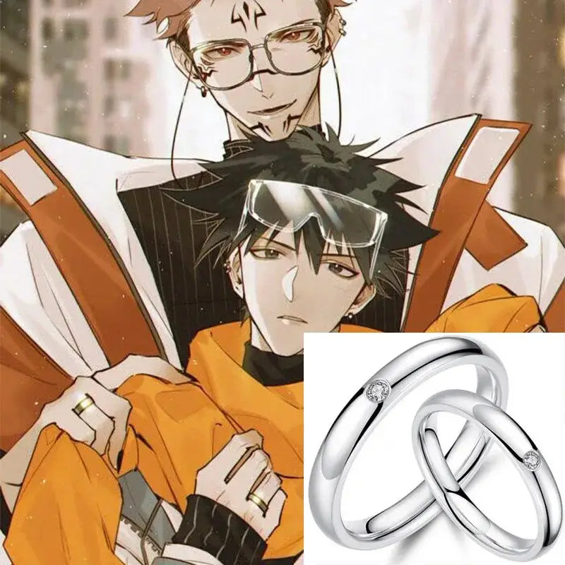 Silver wedding band with a clear gemstone on the outer side jujutsu kaisen yuta okkotsu ring set wedding jewelry