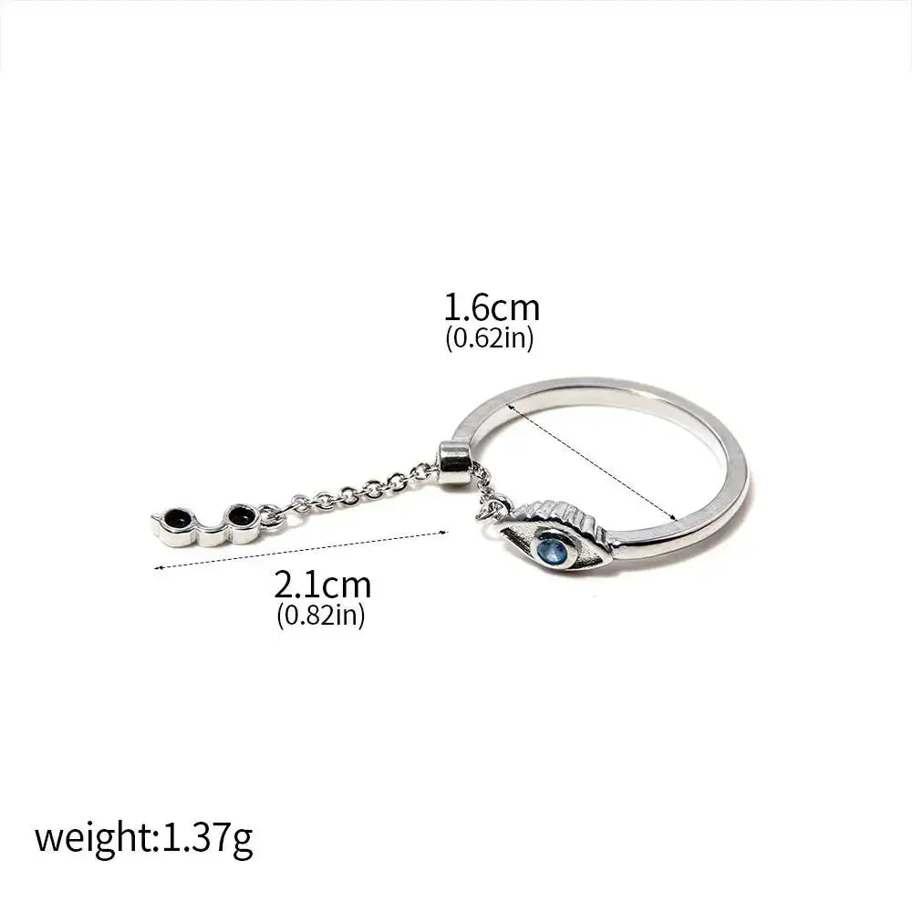 Silver-toned jujutsu kaisen yuta okkotsu couple ring with eye motif blue and black stones on delicate chain