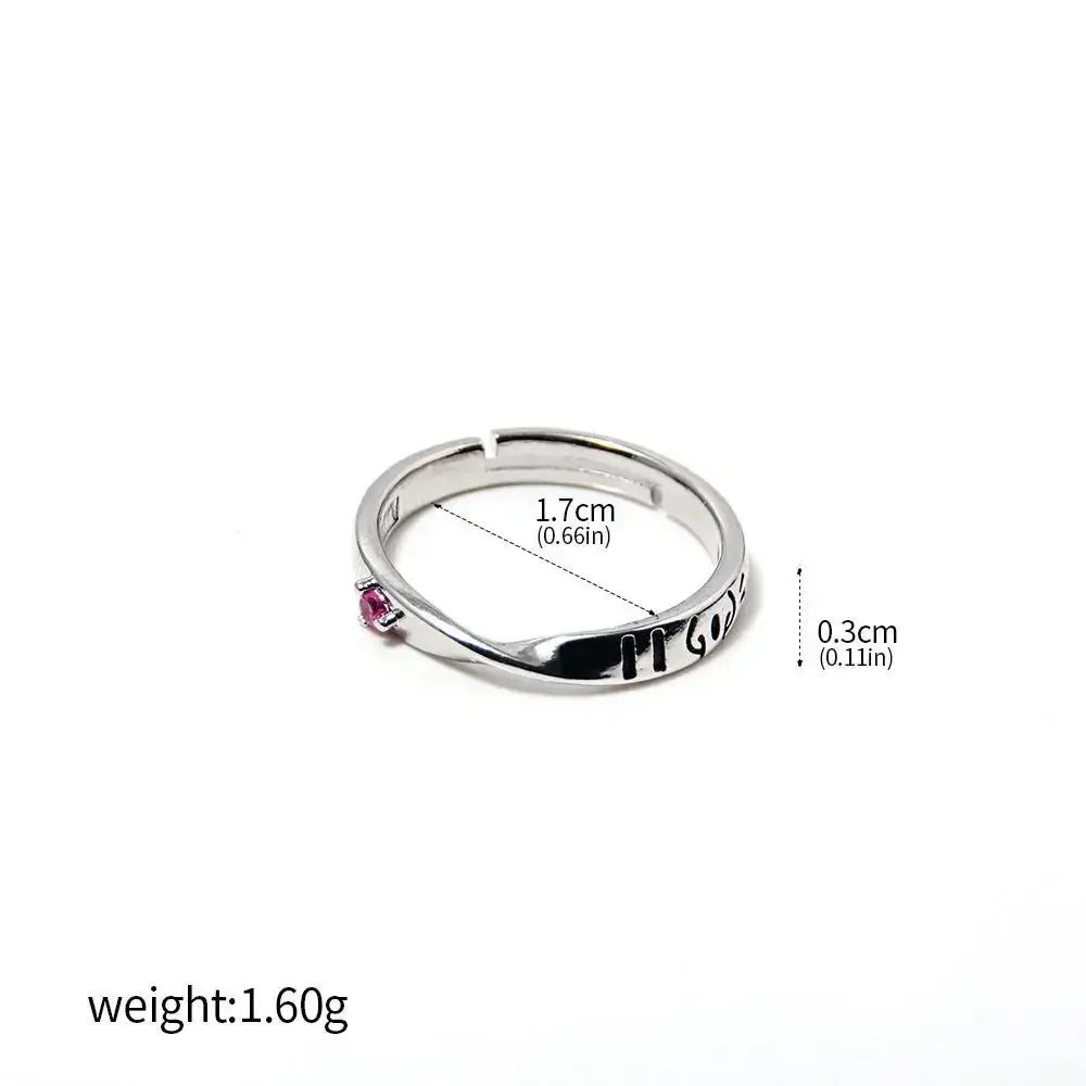 Silver adjustable jujutsu kaisen yuta okkotsu couple ring with small pink gemstone and engraved text on band