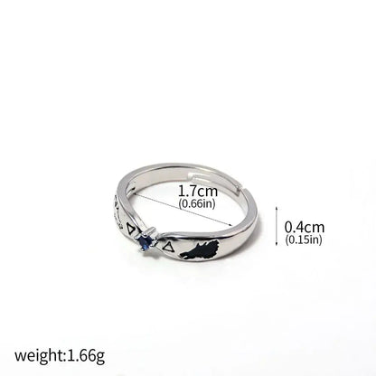 Silver adjustable jujutsu kaisen yuta okkotsu couple ring with a blue gemstone and engraved wolf silhouette