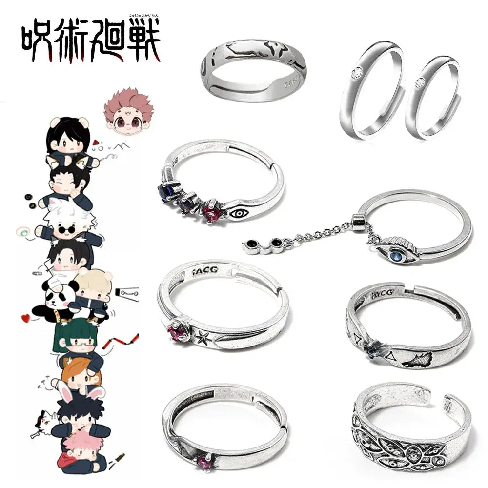 Silver jujutsu kaisen yuta okkotsu couple rings with intricate designs gemstones and eye motifs in jewelry collection