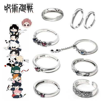 Silver jujutsu kaisen yuta okkotsu couple rings with intricate designs gemstones and eye motifs in jewelry collection