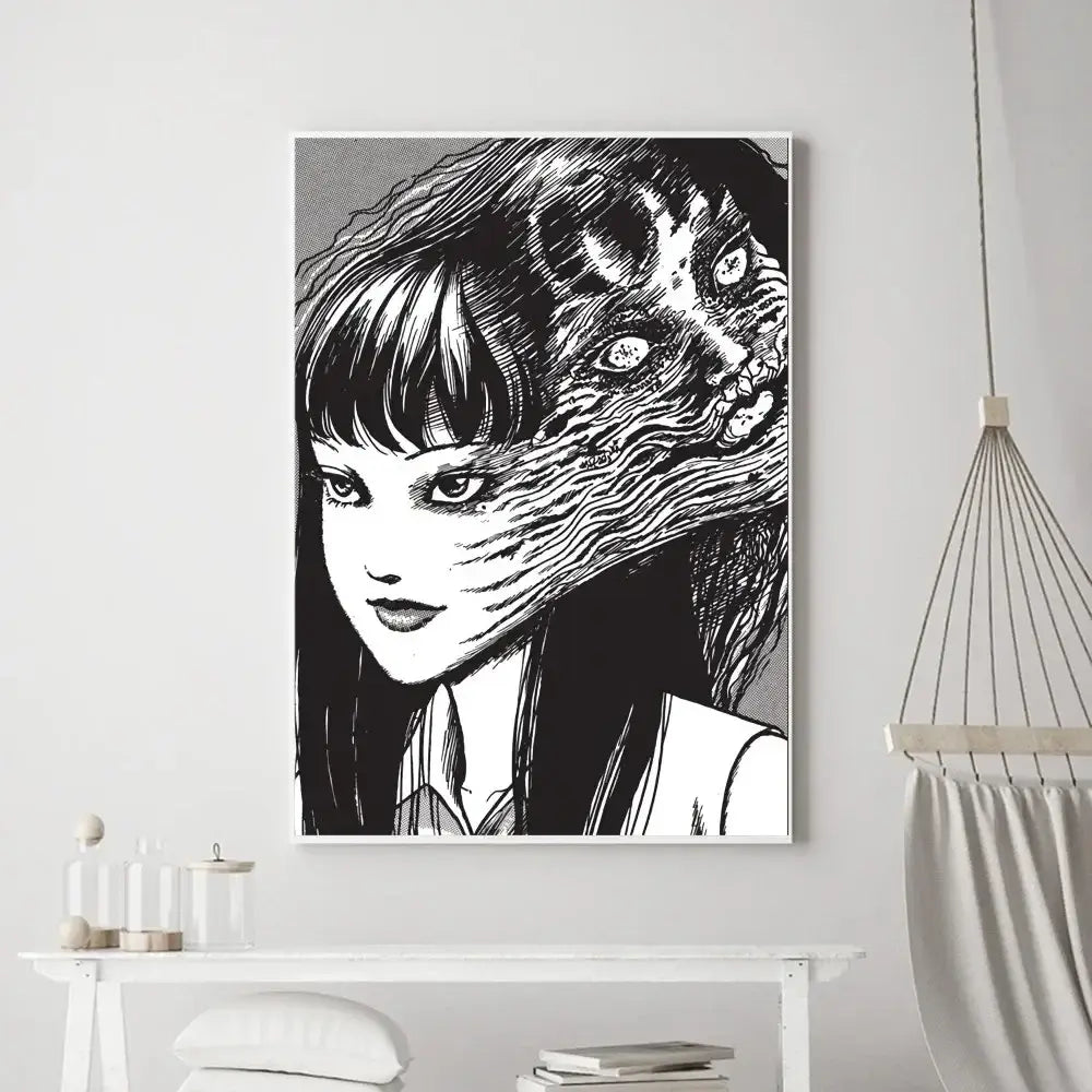 Black-and-white canvas poster of a girl with surreal textured face and line art from junji ito horror anime dark thriller