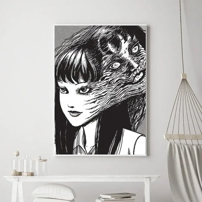 Black-and-white canvas poster of a girl with surreal textured face and line art from junji ito horror anime dark thriller
