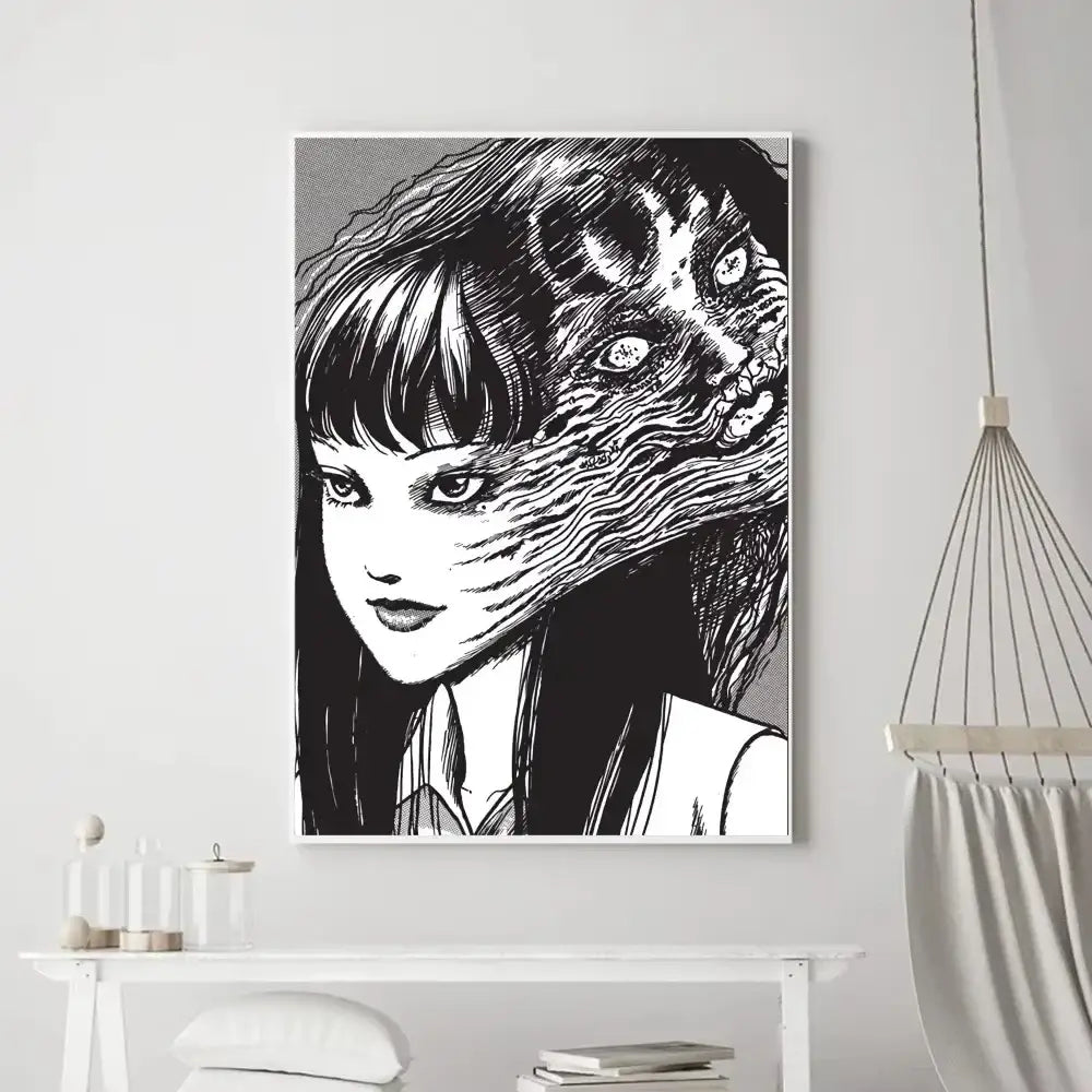 Black-and-white ink Junji Ito horror anime canvas poster featuring a girl with an eerie textured face framed in white