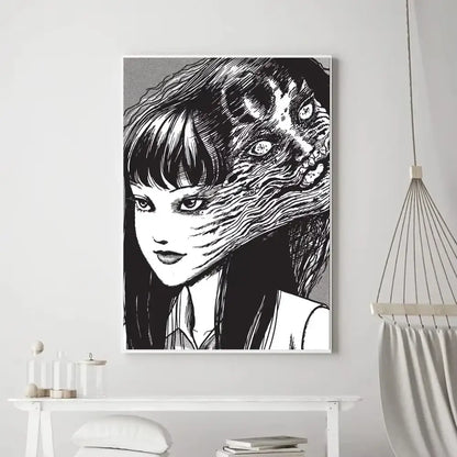 Black-and-white ink Junji Ito horror anime canvas poster featuring a girl with an eerie textured face framed in white