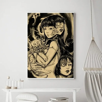 A framed black-and-white inkwork canvas poster of a girl with multiple faces and a cat from junji ito horror anime dark thriller art