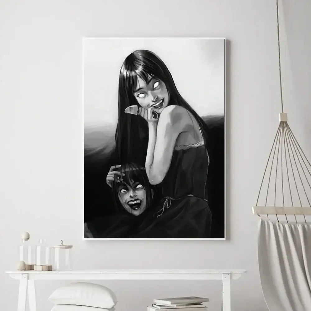 Black and white framed junji ito horror anime canvas poster featuring two stylized girls in a dark thriller design