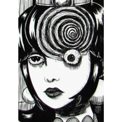 Black-and-white ink canvas poster of a stylized face with swirling hair and spiral eye for junji ito horror anime dark thriller