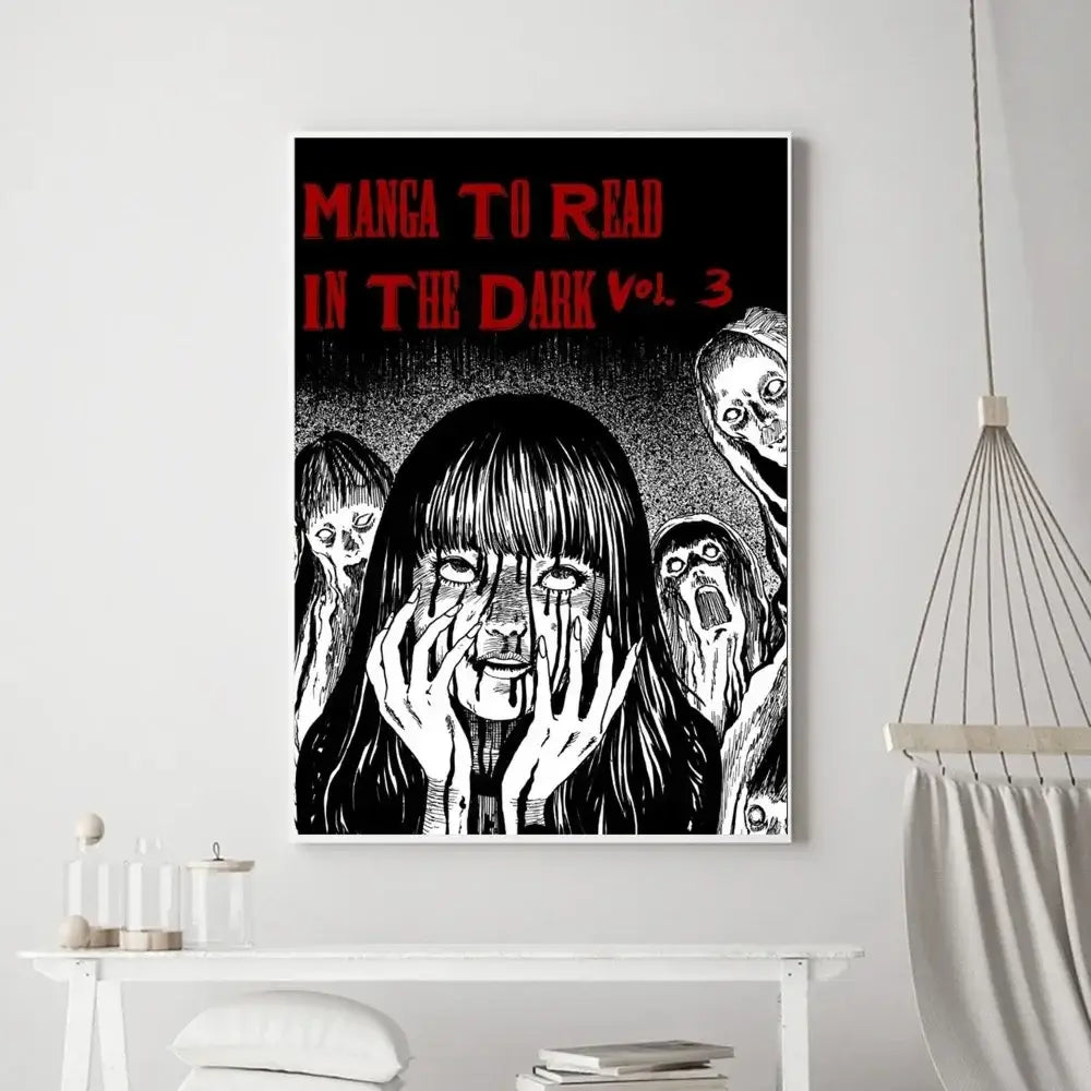 Black and white junji ito horror canvas poster with red manga to read in the dark vol text for dark thriller anime fans
