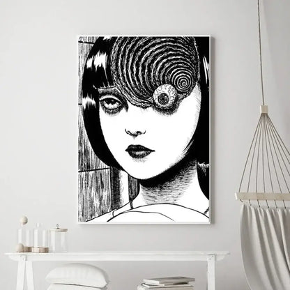 Black and white ink drawing of a woman with a spiral eye on a junji ito horror anime canvas poster dark thriller art