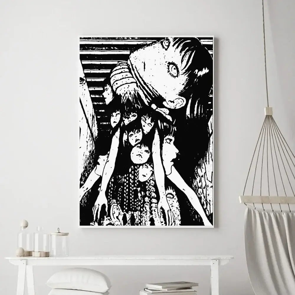 Black and white junji ito horror anime canvas poster with surreal layered faces in a dark thriller art style