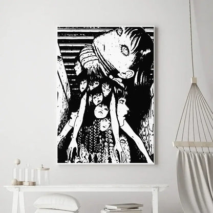 Black and white junji ito horror anime canvas poster with surreal layered faces in a dark thriller art style