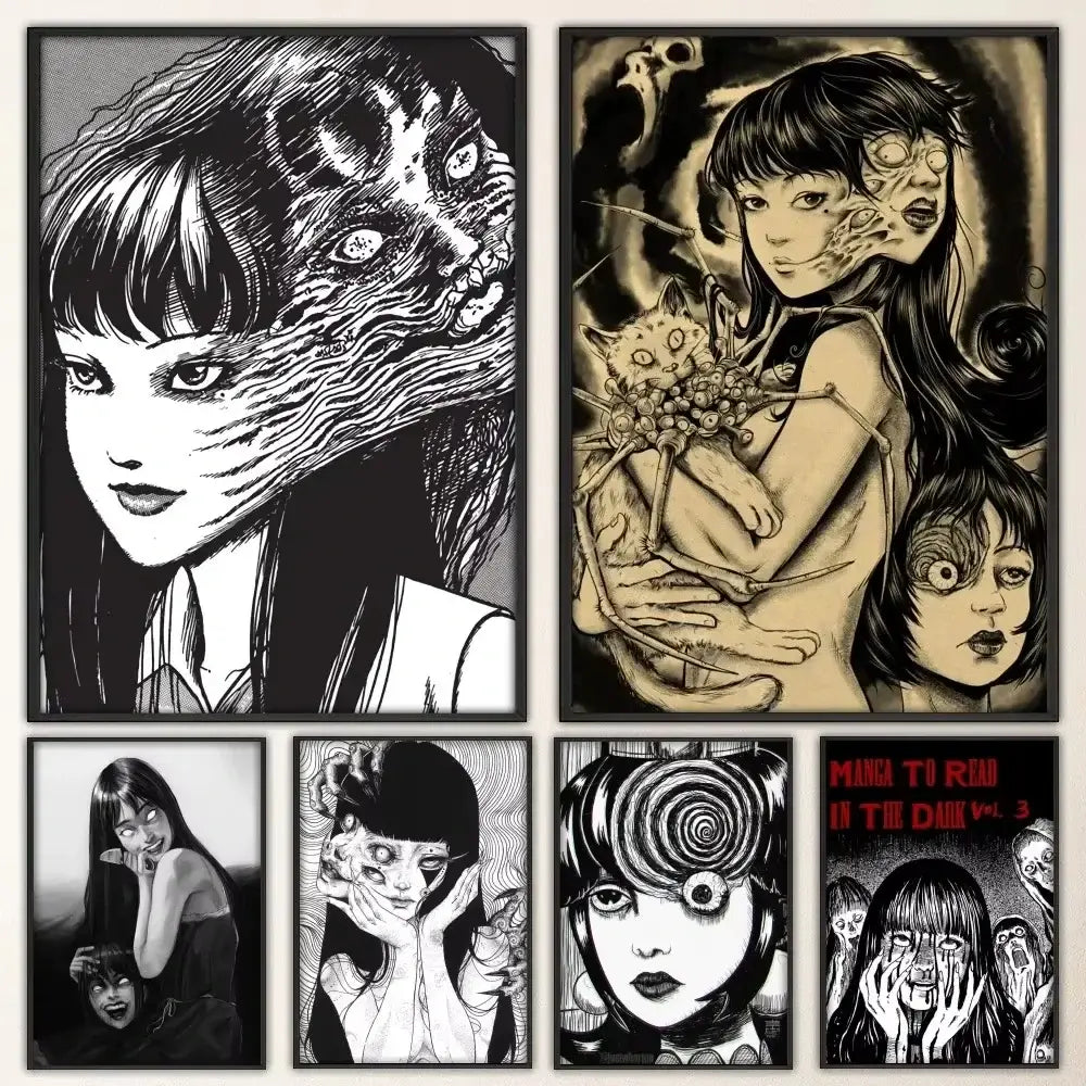 Set of five framed junji ito horror anime canvas posters featuring dark thriller black and white sepia art prints