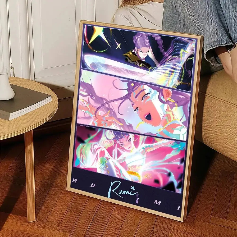 A framed led lightbox wall art sticker featuring vibrant anime-style k-pop demon hunters illustration with rumi name